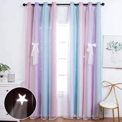 Vista 15 de UNISTAR - 2 paneles de cortinas opacas y transparentes con estrellas para dormitorio de niñas, niños, habitación de bebé, cortinas de doble capa
