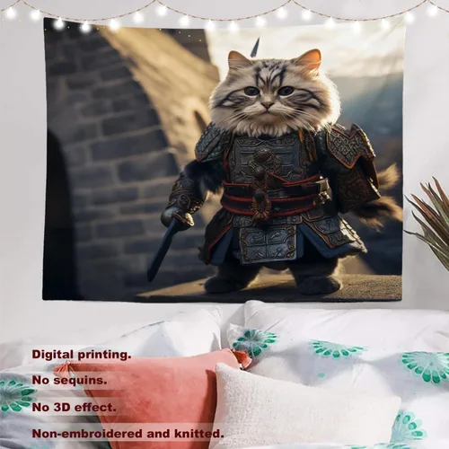 Vista 2 de Batmerry Cat In Armor Polyester Tapestry, Cat Armor Sword Warrior Battle Shield Lightweight Wall Hanging High-Definition Print Backdrop For Dorm
