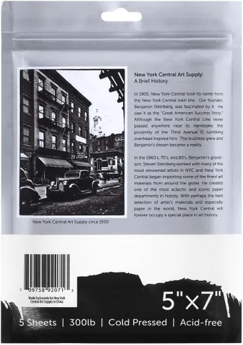 Vista 3 de New York Central Papel de acuarela – 5 x 7 – 5 paquetes de 5 – 25 hojas en total – prensa en frío de 300 libras – 100% algodón, sin ácidos, calidad