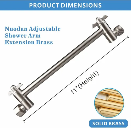 Vista 2 de Brazo de extensión de cabezal de ducha, brazo de ducha de latón macizo de 11 pulgadas con conexión universal a cabezales de ducha, fácilmente Níquel