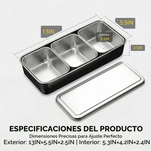 Vista 4 de Caja de condimentos de acero inoxidable con 3 compartimentos con tapa, organizador rectangular de condimentos para especias, coberturas, 13 x 5.5 x