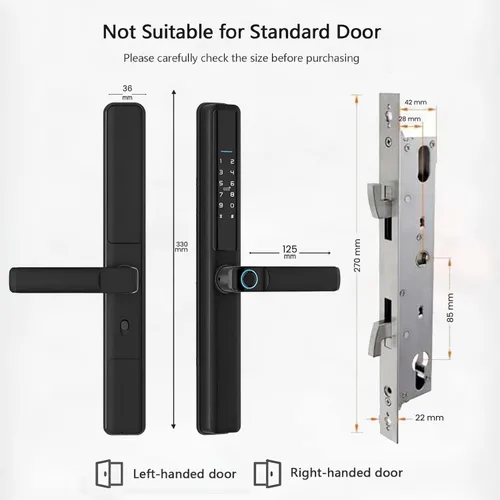 Vista 2 de Cerradura de puerta inteligente para puertas correderas – entrada sin llave 6 en 1 con huella digital, código de acceso, tarjeta IC, control