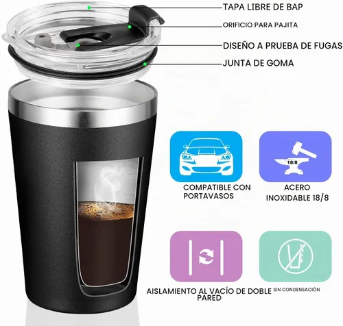 Vista 2 de VEGOND - Vaso térmico de acero inoxidable de 12 onzas con aislamiento al vacío de doble pared, vaso para viaje con tapa y pajita reutilizable Negro