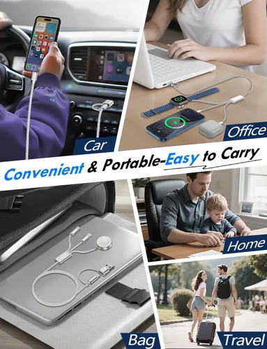 Vista 8 de Esenciales de viaje para cargador de Apple Watch, cargador de iPhone, cable de carga de viaje 3 en 2 tipo C/Lightning/magnético, cable de carga