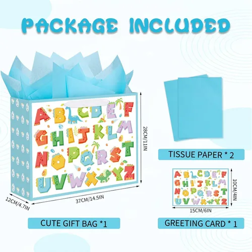 Vista 2 de woric Bolsa de regalo grande de 14.5 pulgadas, bolsas de regalo de cumpleaños azules con papel de seda y tarjeta de felicitación para niños y niñas