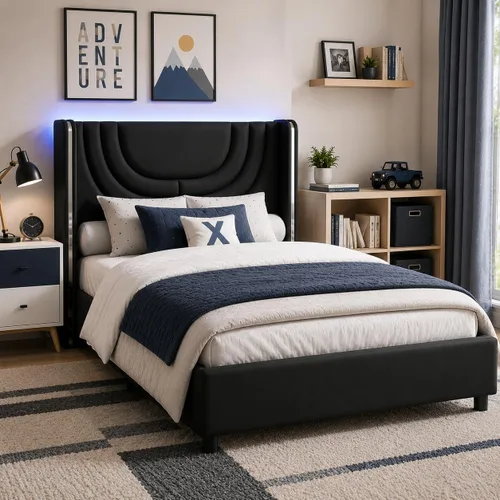 Vista 8 de REVOMINCA Base de cama individual con luces LED, plataforma tapizada de piel sintética con cabecera de ala plateada, estilo moderno, no necesita