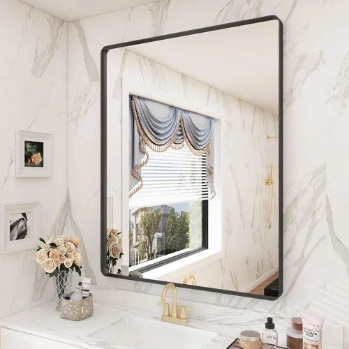 Vista 46 de Paquete de 2 espejos de baño con marco de metal negro de 22 x 30 pulgadas, espejo rectangular redondeado negro mate, antioxidante, se cuelga