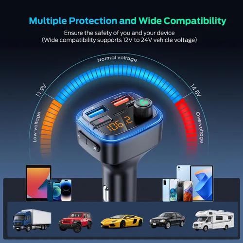 Vista 7 de Adaptador Bluetooth 5.4 de carga USB Bluetooth para automóvil, radio transmisor FM inalámbrico, llamadas manos libres y receptor de audio (azul-48W)