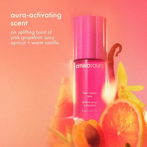 Vista 2 de amika: aura rocío para cabello y cuerpo pomelo rosa, albaricoque jugoso + vainilla cálida