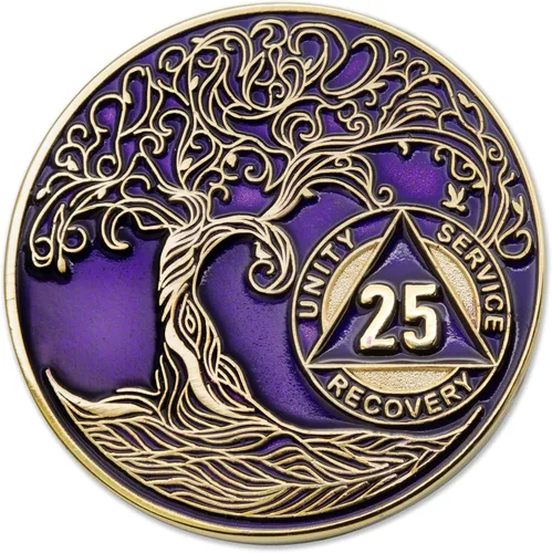 Vista 215 de 1 año Sobriety Mint Twisted Tree of Life Medallón de recuperación AA chapado en oro, chip/ficha - negro