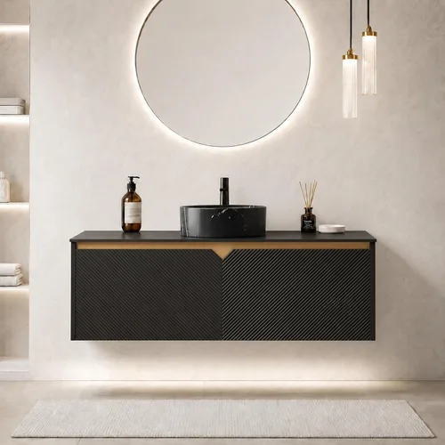 Vista 10 de Vanidad de baño flotante de 24 pulgadas con fregadero, gabinete estriado Fregadero de cerámica negro + negro