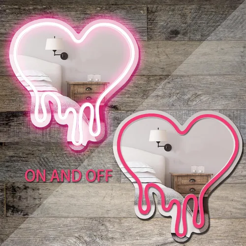 Vista 3 de DECANIT - Espejo de neón de corazón fundido rosa, decoración de pared LED alimentada por USB 12 x 12 in pink LED heart mirror decor, USB powered