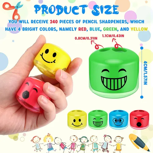 Vista 2 de Crtiin 240 sacapuntas de dibujos animados sonrisa pequeña sacapuntas manual manual de mano con doble agujero, regalos para Navidad, oficina, sala