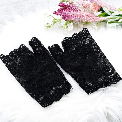Vista 7 de obmwang 2 pares de guantes de encaje para mujer, guantes florales sin dedos, guantes de graduación para boda, fiesta, accesorios de disfraces