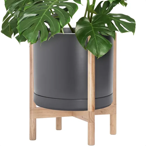Vista 12 de D'vine Dev Maceta de cerámica con soporte de ébano – Maceta redonda moderna de 8 pulgadas con soporte para maceta de madera, color negro, 55-B-M-2