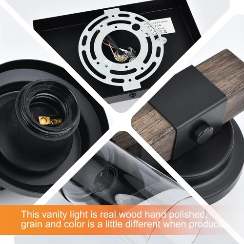 Vista 3 de Lámpara de Baño Estilo Granja de Madera Negra, Iluminación de Tocador de 2 Luces, Aplique de Pared de Madera, Accesorio de Pared Industrial Rústico