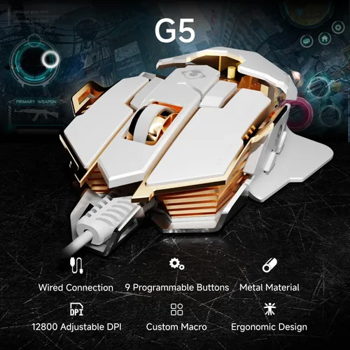 Vista 2 de EWEADN G5 - Mouse para juegos con cable, mouse ergonómico para computadora RGB, 12800 DPI ajustables, 9 botones macro programables con llave