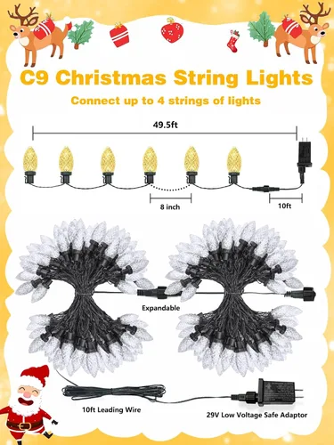 Vista 5 de Paquete de 2 luces de Navidad C9 extensibles de 66 pies, 100 LED para exteriores e interiores, impermeables, luces de hadas LED con cable verde