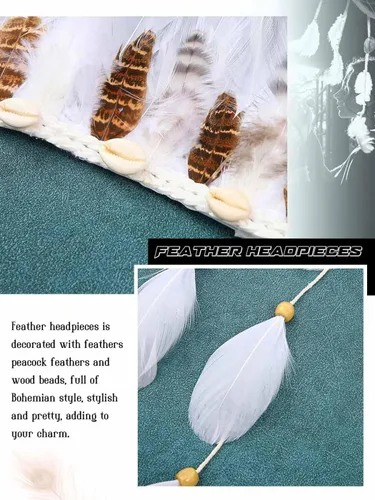 Vista 4 de Aukmla Diadema de plumas indias, tocado de plumas blancas para disfraz de Halloween para mujeres y niñas