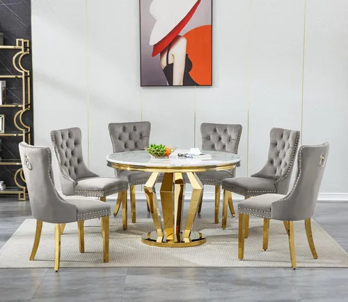 Vista 23 de Juego de 5 mesas de comedor, juego de mesa de cocina y comedor para 4, mesa de cocina rectangular de mármol sintético blanco de 47 pulgadas con base