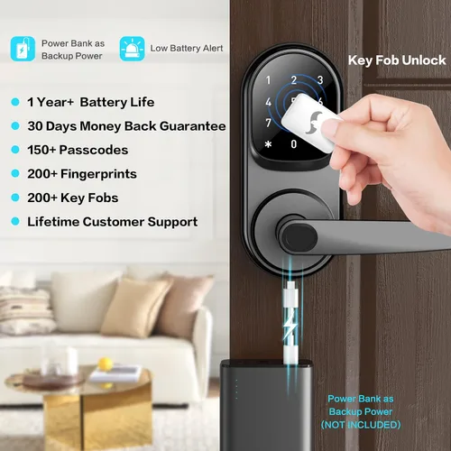 Vista 3 de Sifely Keyless Entry Smart Lock - Acceso de huellas dactilares y teclado, manija de puerta delantera, color negro