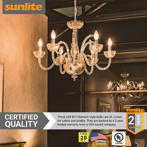Vista 4 de Sunlite Bombilla LED de filamento B11 con punta torpedo, 5 vatios (equivalente a 60 W), 600 lúmenes, 90CRI, base de candelabro E12, regulable Blanco