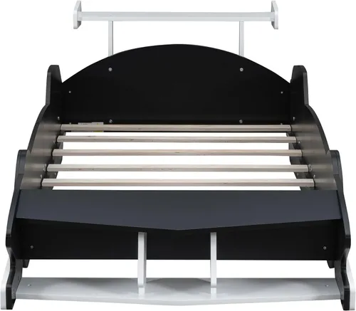 Vista 4 de Cama de plataforma en forma de auto de carreras de tamaño individual con ruedas, plataforma de madera con soporte de listones resistentes y rieles