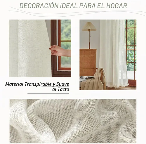 Vista 5 de DUALIFE 2 paneles de cortinas de lino transparente natural de 45 pulgadas, color beige para ventanas pequeñas, bolsillo con pestaña trasera