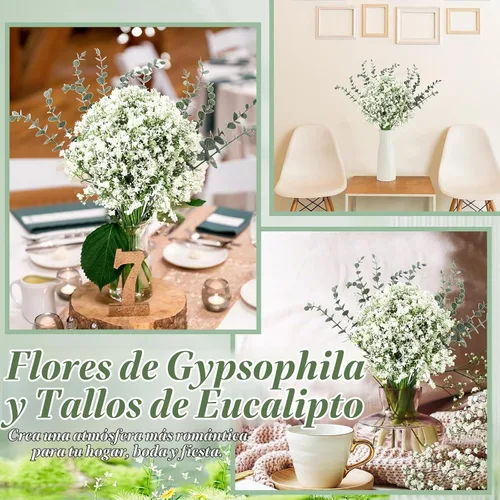 Vista 4 de Retrowavy 80 piezas de flores artificiales de aliento de bebé, flores de aliento de bebé, ramos de gypsophila con tallos de eucalipto sintético