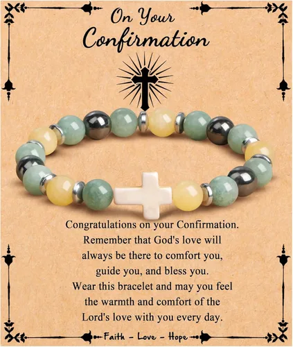 Vista 9 de JoycuFF Regalos Cristianos, Pulseras de Cruz para Mujeres, Joyería Cristiana Católica Religiosa de Fe de Pascua, Pulseras de Piedra Natural