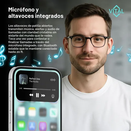 Vista 8 de Gafas Inteligentes Vital para Hombres con Traducción IA – Audio Bluetooth 5.3 de Oído Abierto, Traductor de 164 Idiomas en Aplicación de Teléfono