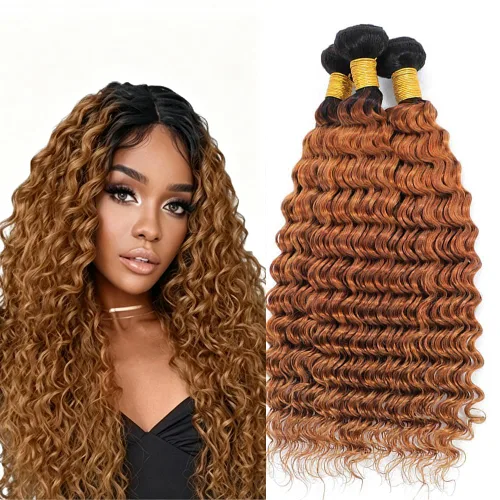 Vista 47 de P4613 Cabello humano rizado onda profunda marrón y paquetes mixtos 8 10 12 P4613 Ombre Marrón-Rubio-DP