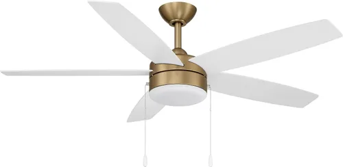 Vista 4 de MINKA-AIRE Ventilador de techo LED de 52 pulgadas con 5 aspas, latón cepillado y aspas de acabado blanco alabastro con vidrio blanco esmerilado