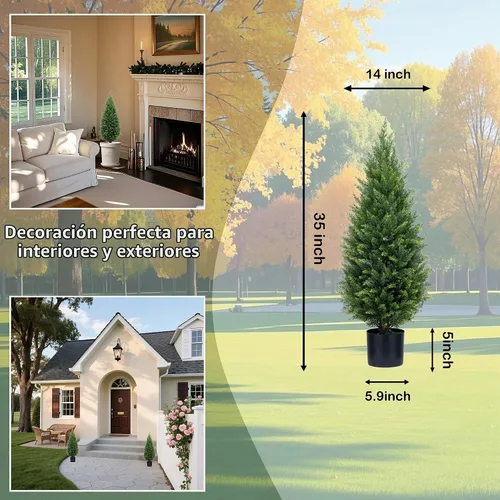 Vista 6 de Árboles topiarios artificiales de 3 pies, árboles de cedro artificiales resistentes a los rayos UV, arbustos en maceta, juego de 2 arbustos falsos