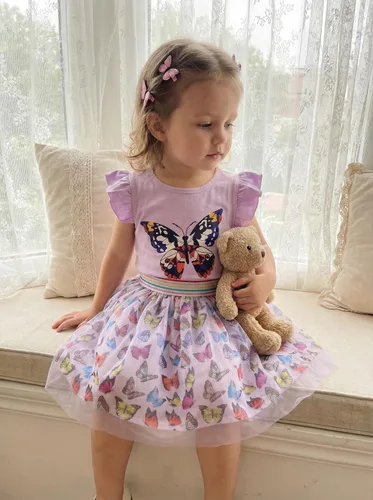 Vista 3 de Conjunto de falda de tul para niñas, dos piezas, manga con volantes, camiseta de unicornio, vestido de tutú de verano, fiesta de cumpleaños, traje