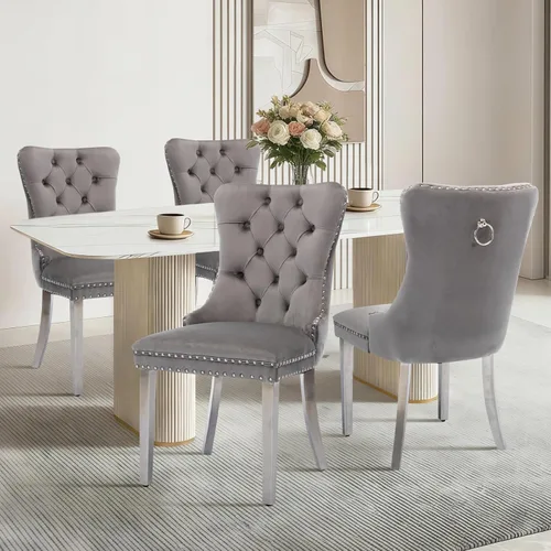 Vista 109 de Juego de 2 sillas de comedor de terciopelo con patas de madera, color beige Mid Century Modern Dining Chairs,Upholstered Chairs with Nailhead
