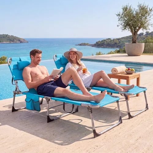 Vista 2 de Tangkula Silla de bronceado con agujero facial, silla plegable ajustable reclinable para playa, tomar el sol con bolsillo lateral, tumbona portátil
