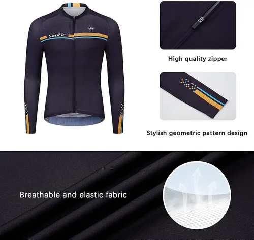 Vista 17 de Santic - Camiseta de ciclismo para hombre, manga larga, reflejante, cremallera completa, con bolsillos