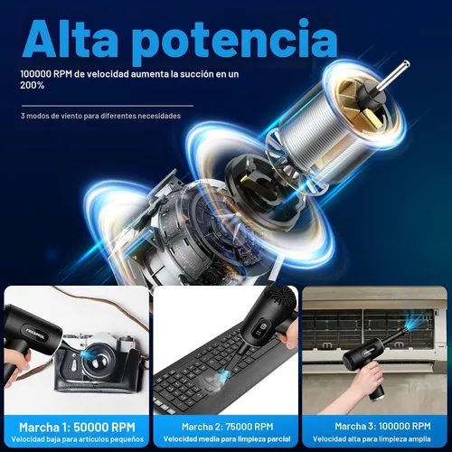 Vista 2 de Soplador de Aire Comprimido - 3 Velocidades Ajustables 100000RPM Soplador de Aire Eléctrico con Luz LED, Soplador de Aire Inalámbrico Recargable
