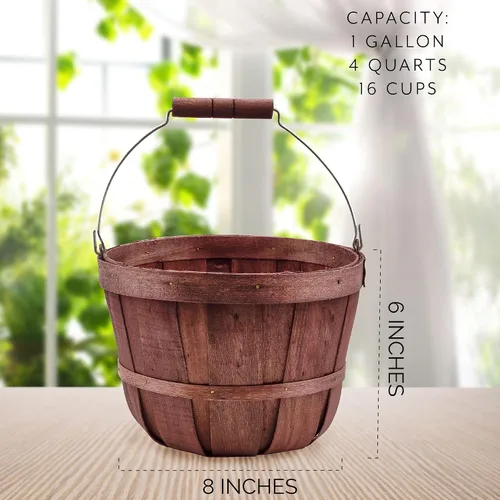 Vista 6 de Cornucopia Brands Cestas redondas de madera (paquete de 2, marrón oscuro); cubos de madera para frutas con asa, capacidad de galón