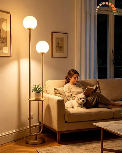 Vista 13 de Lightdot Lámparas de pie regulables doradas y negras de 66 pulgadas con mesa, moderna lámpara alta de pie con pantalla de globo, cabeza