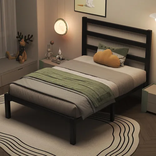 Vista 5 de LOEWAY - Marco de cama de metal resistente de 12 pulgadas con cabecero, listones de acero fuertes, almacenamiento debajo de la cama, no necesita
