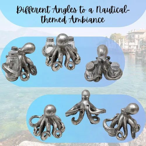 Vista 4 de BestGiftEver Juego de salero y pimentero náutico con soporte de pulpo plateado, decoración temática de playa, para entusiastas de la decoración