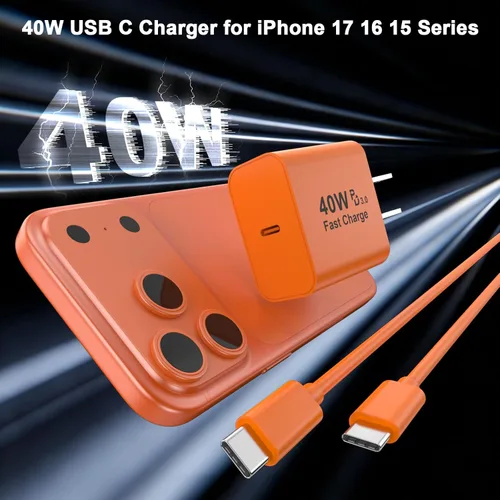 Vista 2 de [Certificado MFi de Apple] Cargador para iPhone 17 Pro Max de carga rápida, bloque de carga USB C de 40 W con cable de carga tipo C extra largo