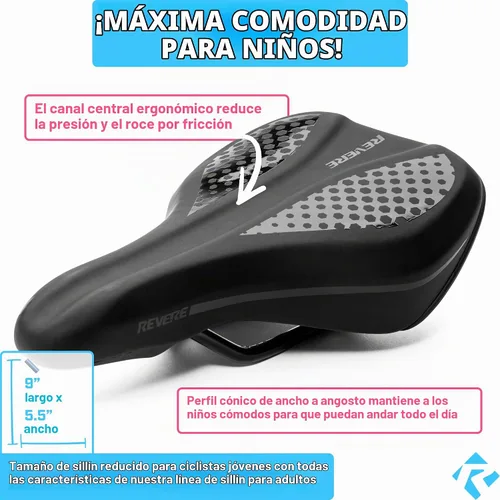 Vista 2 de Revere - Sillín de espuma viscoelástica para jóvenes, elegante, ultra cómodo, asiento de bicicleta para niños, bicicletas juveniles, asiento