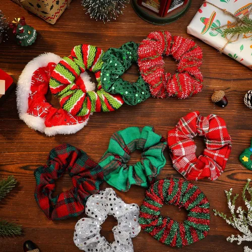 Vista 6 de 60 coleteros de Navidad para mujer, coleteros de Navidad a granel, coleteros de terciopelo suave elástico con copos de nieve, coleteros a cuadros