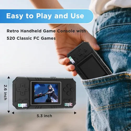 Vista 3 de Consola de Juego Portátil, 520 Juegos Retro, Pantalla LCD de 3.0 Pulgadas y Batería de 1020mAh, Consola de Juego Portátil de Regalo para Niños