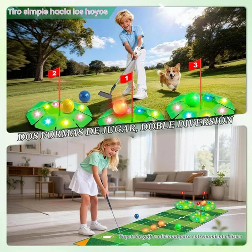 Vista 3 de VATOS Juego de juguetes de golf para niños, juego de golf iluminado con tapete de putting de 6.5 pies, putter de golf, 3 agujeros, 4 bolas