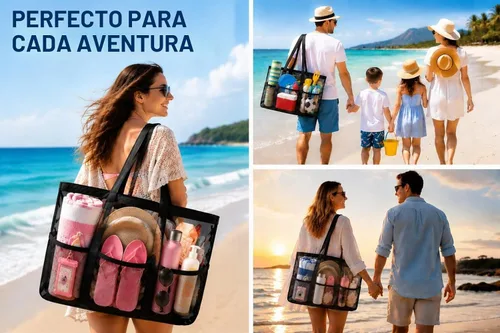 Vista 2 de SRISE Mesh Beach Bag - Large Beach Tote Bag for Family Beach Bag for Toys & Vacation Essentials Negro