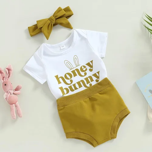 Vista 2 de Wrrkayly Traje de manga corta para bebé, niño y niña, San PatricioPascua, traje de conejito de manga corta, camiseta de pantalones cortos, ropa de 3